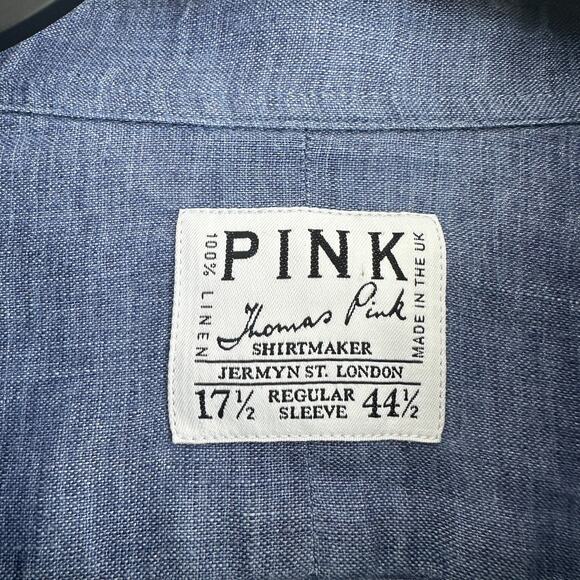 Thomas Pink Shirt Mens 17 1/2 Blue Linen Dress Button Up Long Sleeve 44 1/2 - Picture 7 of 10